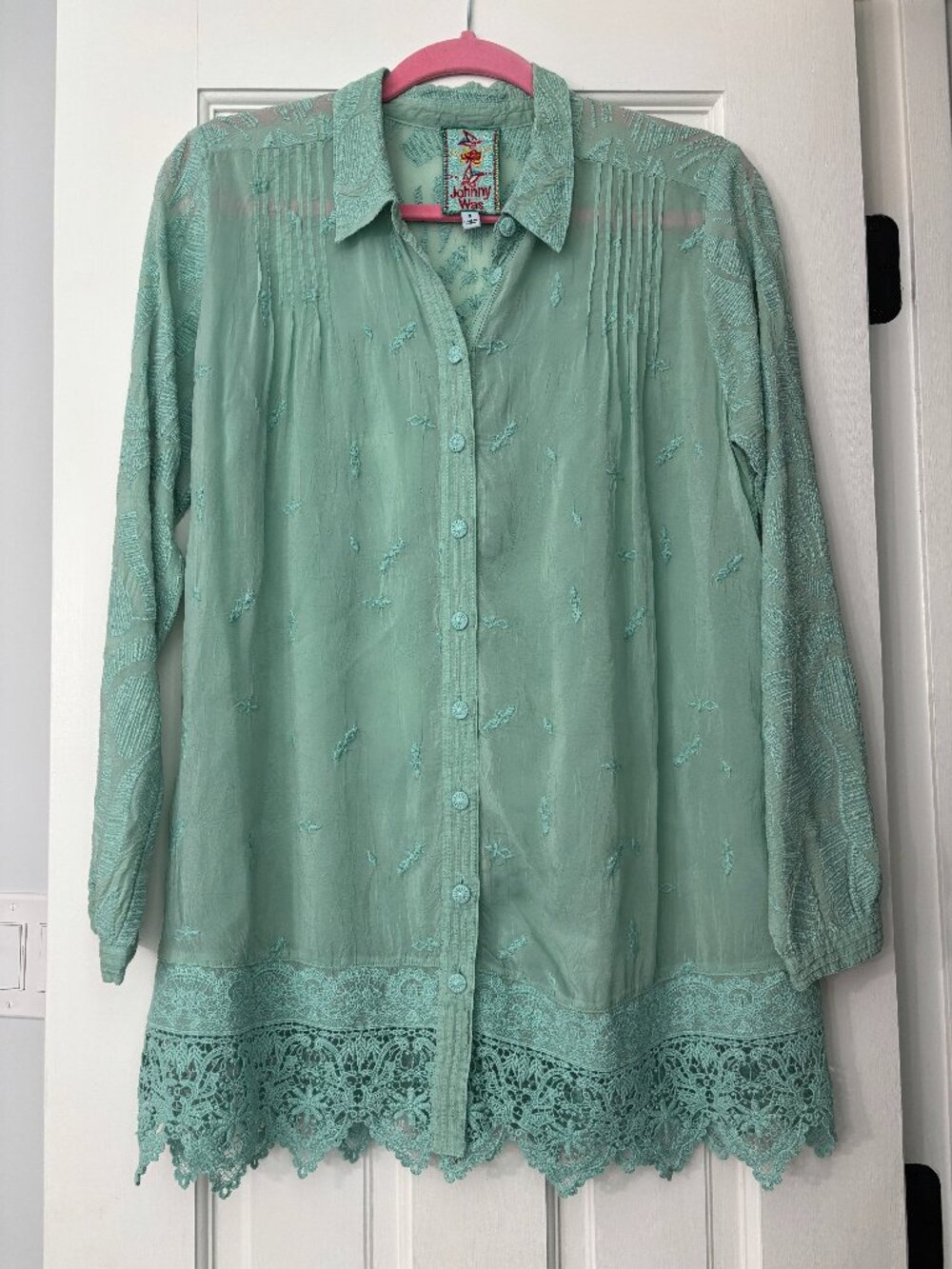 JOHNNY WAS - Lace Hem Tunic Sage Green - Small
